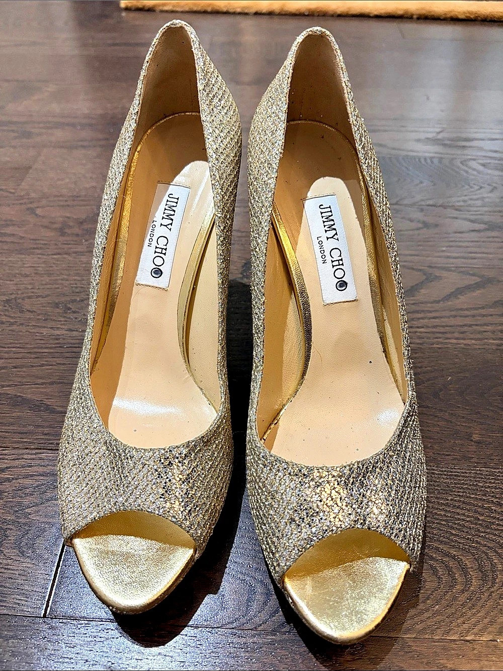 Jimmy Choo Cosmic Glitter Peep Toe Pumps Gold EU 41